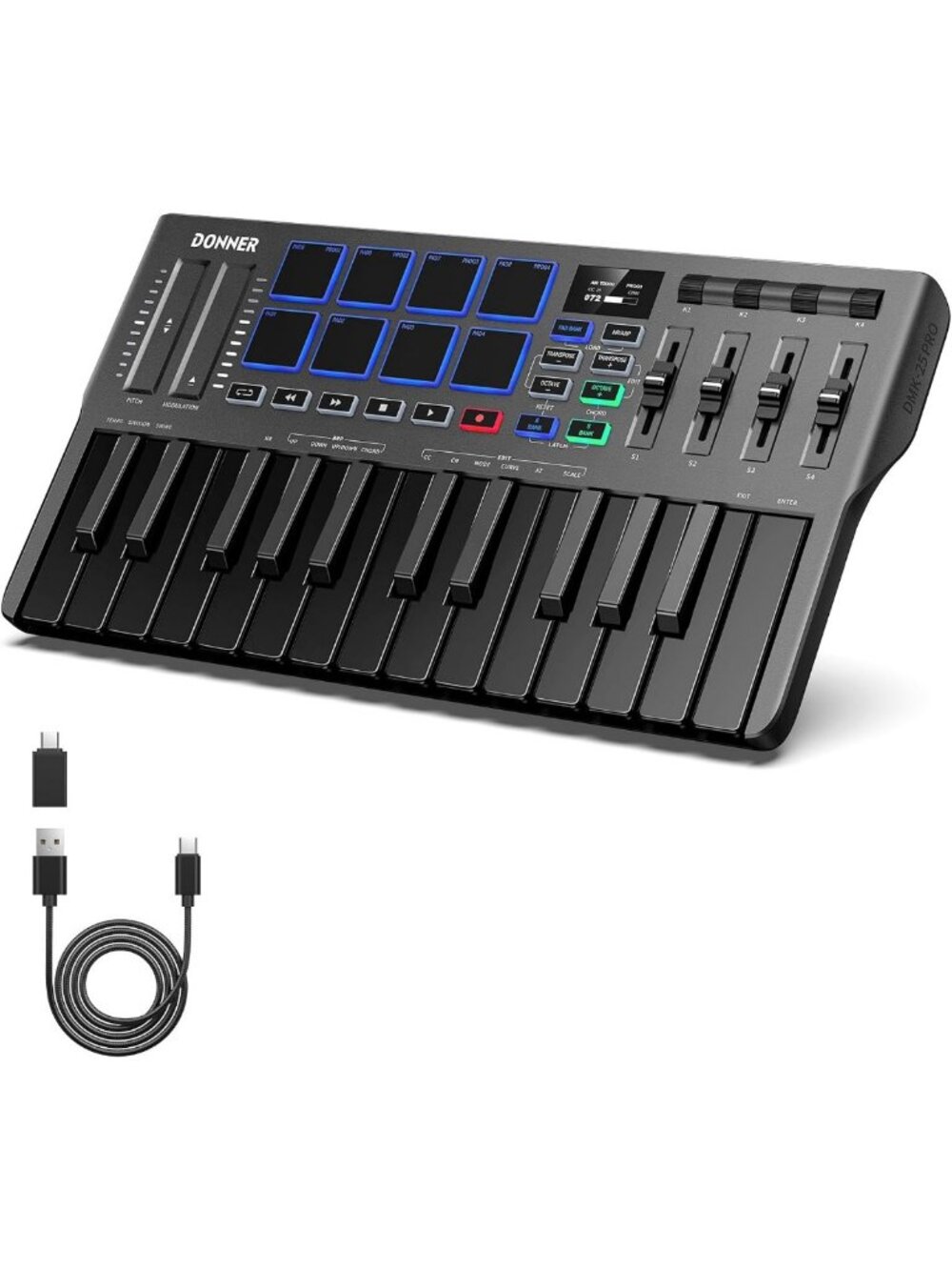 Portable 25-Key USB-C MIDI Keyboard Controller with Drum Pads & OLED Display